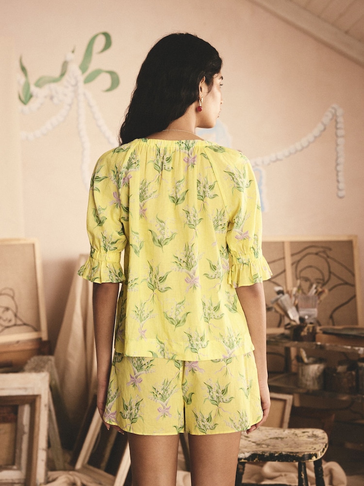 Cath Kidston Yellow Lily of the Valley 100% Cotton Frill Short Pyjamas - Image 2 of 10