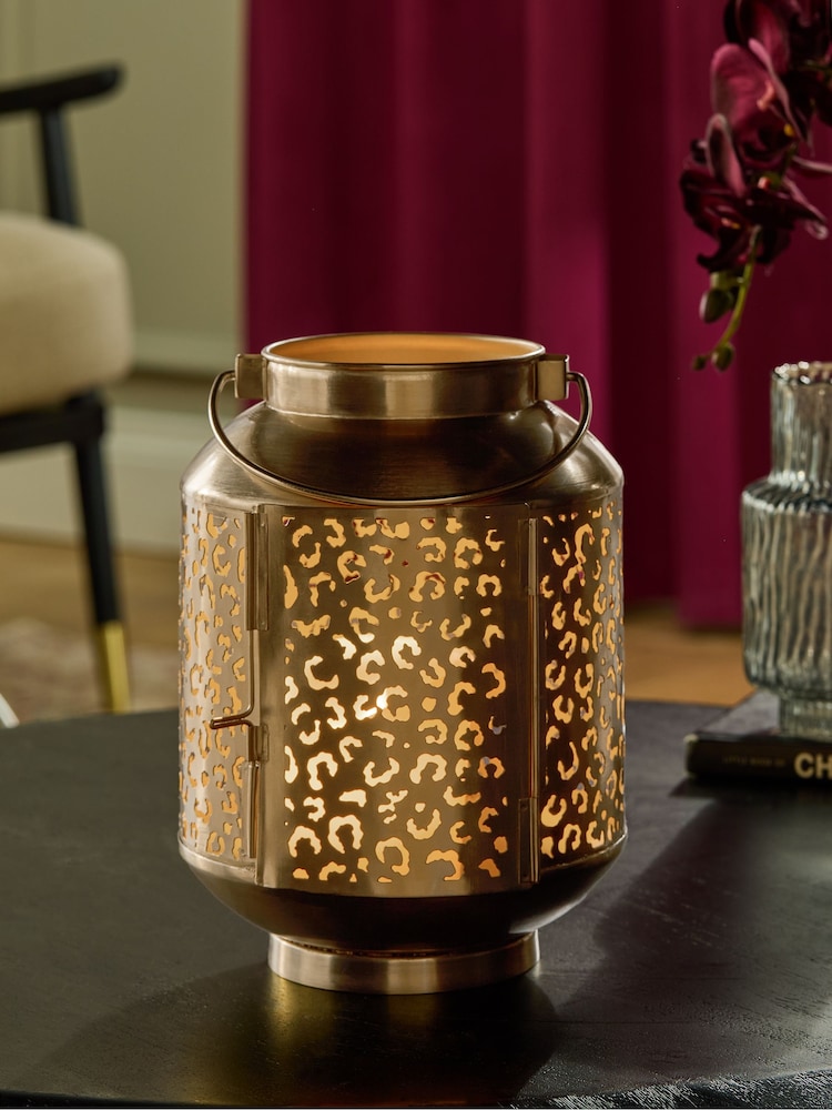 Gold Metal Leopard Print Cutout Lantern - Image 2 of 6