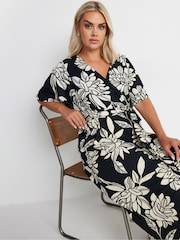 Yours Curve Black Wrap Angel Sleeve Texture Dress - Image 1 of 5