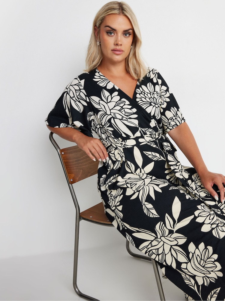 Yours Curve Black Wrap Angel Sleeve Texture Dress - Image 1 of 5