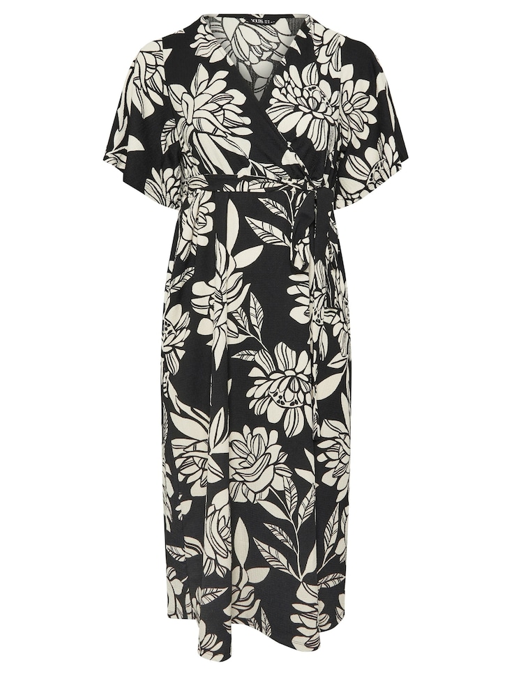 Yours Curve Black Wrap Angel Sleeve Texture Dress - Image 5 of 5