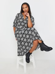 Yours Curve Black Stamp Tile Notch Neck Tierred Dress - Image 1 of 4