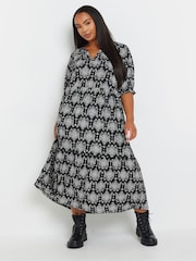 Yours Curve Black Stamp Tile Notch Neck Tierred Dress - Image 2 of 4