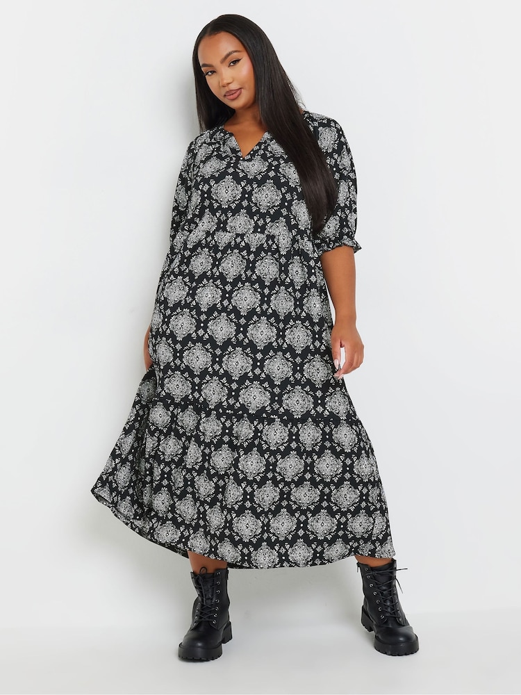 Yours Curve Black Stamp Tile Notch Neck Tierred Dress - Image 2 of 4