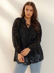 Yours Curve Black Coupe Tie Neck Blouse - Image 6 of 7