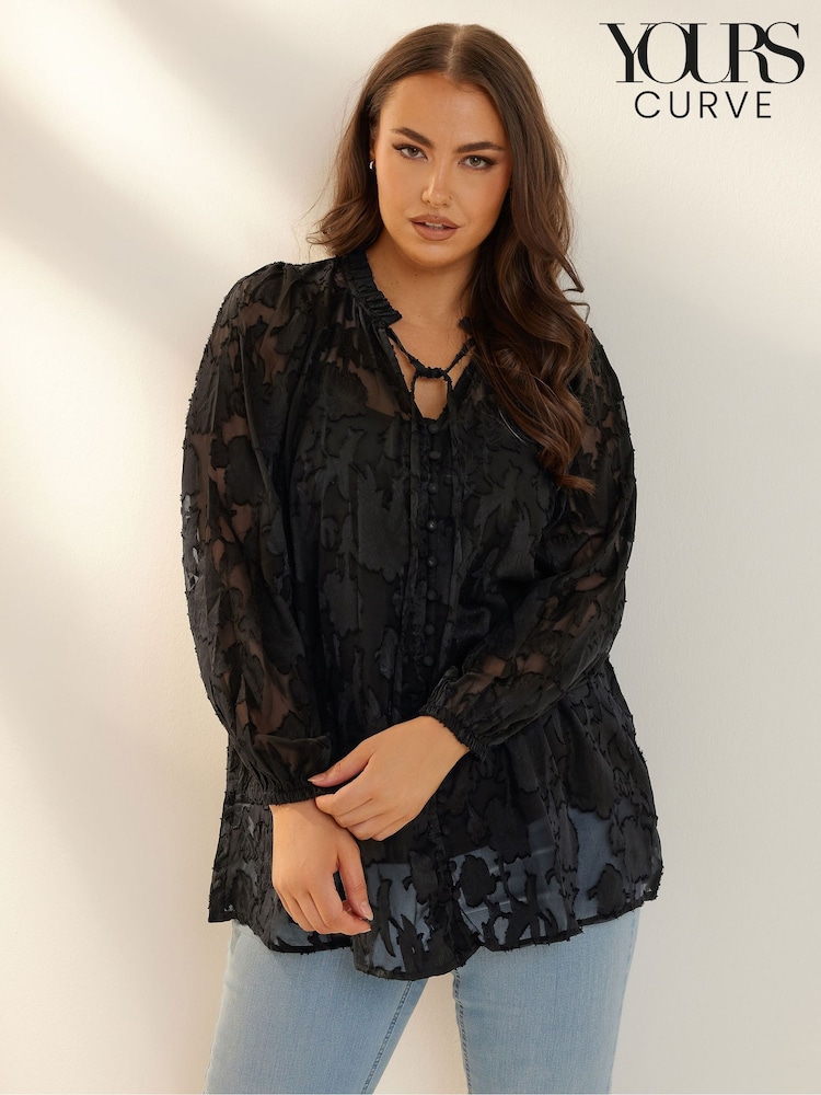 Yours Curve Black Coupe Tie Neck Blouse - Image 1 of 7 Yours Curve Black Coupe Tie Neck Blouse - Image 1 of 7