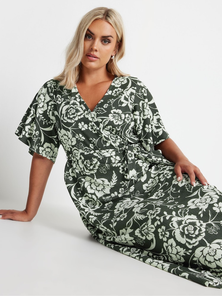 Yours Curve Green Wrap Angel Sleeve Texture Dress - Image 1 of 5