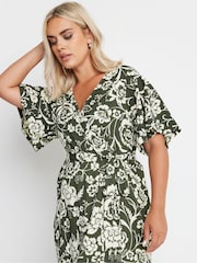 Yours Curve Green Wrap Angel Sleeve Texture Dress - Image 4 of 5