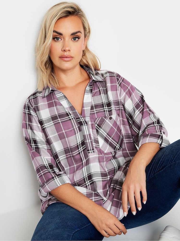 Yours Curve Purple Overhead Checked Shirt - Image 1 of 5