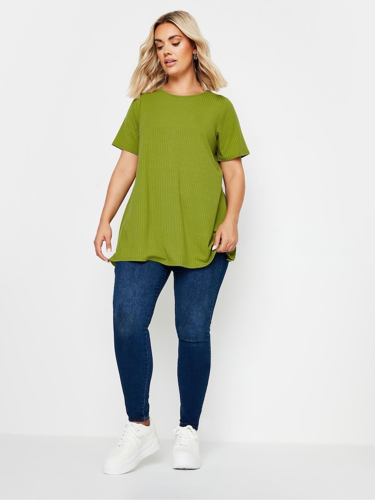 Yours Curve Green Ribbed T-Shirt - Image 2 of 4
