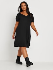 Yours Curve Black Puff Sleeve Day Dress - Image 1 of 5