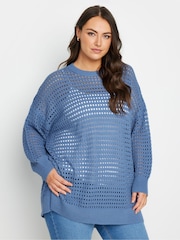 Yours Curve Blue Side Split Crochet Jumper - Image 1 of 5