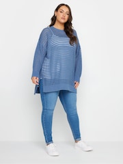 Yours Curve Blue Side Split Crochet Jumper - Image 2 of 5