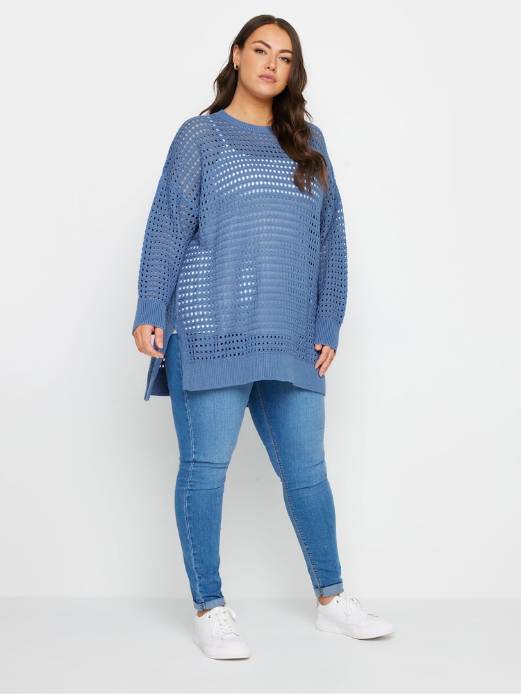 Yours Curve Blue Side Split Crochet Jumper - Image 2 of 5