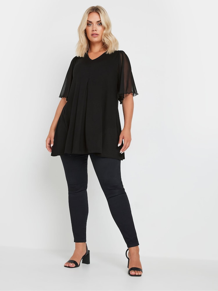 Yours Curve Black Pleated Front Mesh Sleeve Top - Image 1 of 5