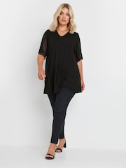 Yours Curve Black Pleated Front Mesh Sleeve Top - Image 2 of 5