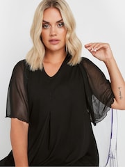 Yours Curve Black Pleated Front Mesh Sleeve Top - Image 4 of 5