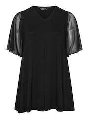 Yours Curve Black Pleated Front Mesh Sleeve Top - Image 5 of 5