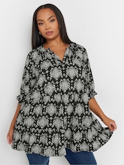 Yours Curve Black Stamp Tile Print Notch Neck Tierred Top - Image 1 of 5