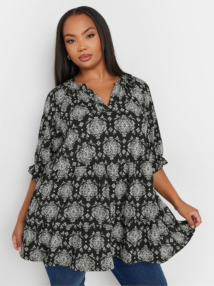 Yours Curve Black Stamp Tile Print Notch Neck Tierred Top - Image 1 of 5