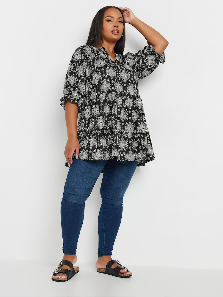 Yours Curve Black Stamp Tile Print Notch Neck Tierred Top - Image 2 of 5