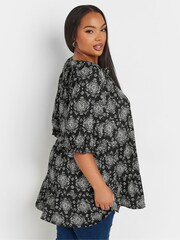 Yours Curve Black Stamp Tile Print Notch Neck Tierred Top - Image 3 of 5