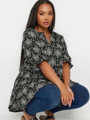 Yours Curve Black Stamp Tile Print Notch Neck Tierred Top - Image 4 of 5