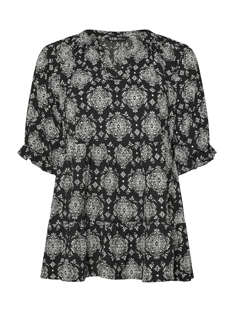 Yours Curve Black Stamp Tile Print Notch Neck Tierred Top - Image 5 of 5