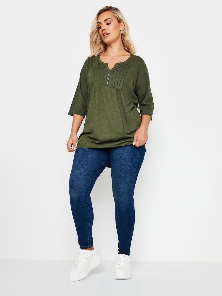 Yours Curve Green Pintuck Henley 100% Cotton Top - Image 3 of 5