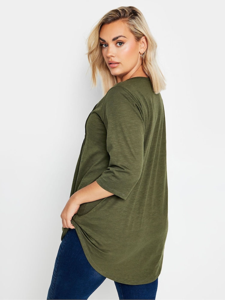 Yours Curve Green Pintuck Henley 100% Cotton Top - Image 4 of 5
