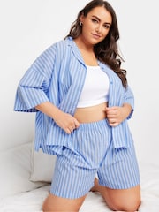 Yours Curve Blue Woven Stripe 100% Cotton Shorts - Image 1 of 6