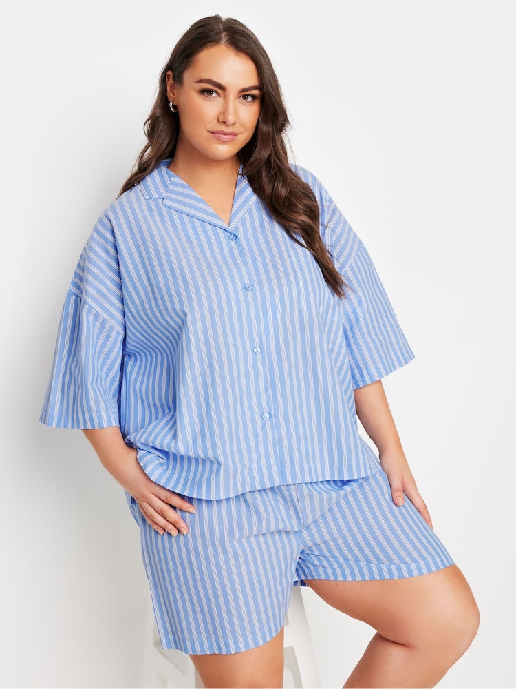 Yours Curve Blue Woven Stripe 100% Cotton Shorts - Image 2 of 6