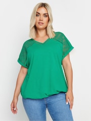 Yours Curve Green Grown On Sleeve Bubble Hem Crochet 100% Cotton Top - Image 1 of 5