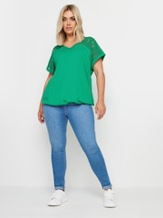 Yours Curve Green Grown On Sleeve Bubble Hem Crochet 100% Cotton Top - Image 2 of 5