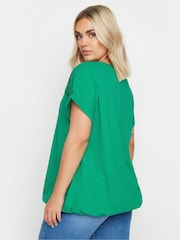 Yours Curve Green Grown On Sleeve Bubble Hem Crochet 100% Cotton Top - Image 3 of 5