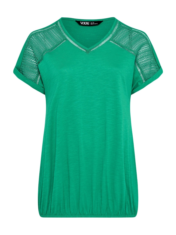 Yours Curve Green Grown On Sleeve Bubble Hem Crochet 100% Cotton Top - Image 5 of 5