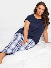 Yours Curve Navy Blue Check 100% Cotton Pyjamas Set - Image 1 of 4