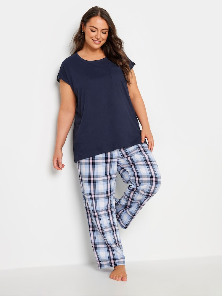 Yours Curve Navy Blue Check 100% Cotton Pyjamas Set - Image 2 of 4