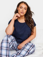 Yours Curve Navy Blue Check 100% Cotton Pyjamas Set - Image 4 of 4
