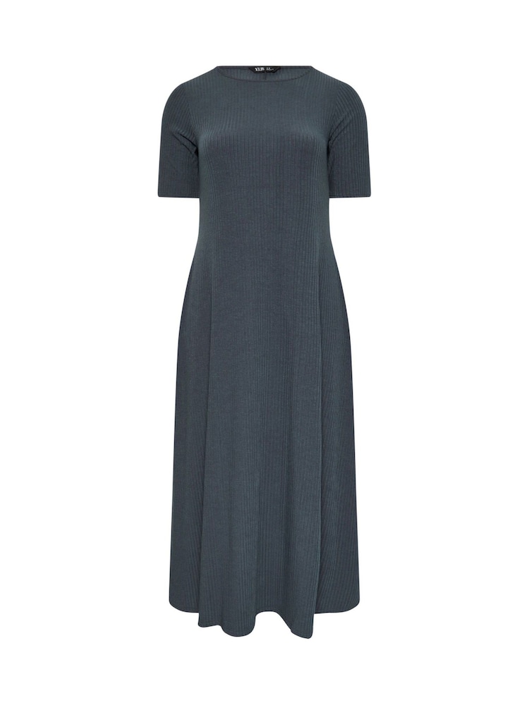 Yours Curve Grey Short Sleeve Ribbed Swing Maxi Dress - Image 5 of 5