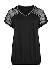 Yours Curve Black Grown On Sleeve Bubble Hem Crochet 100% Cotton Top - Image 5 of 5