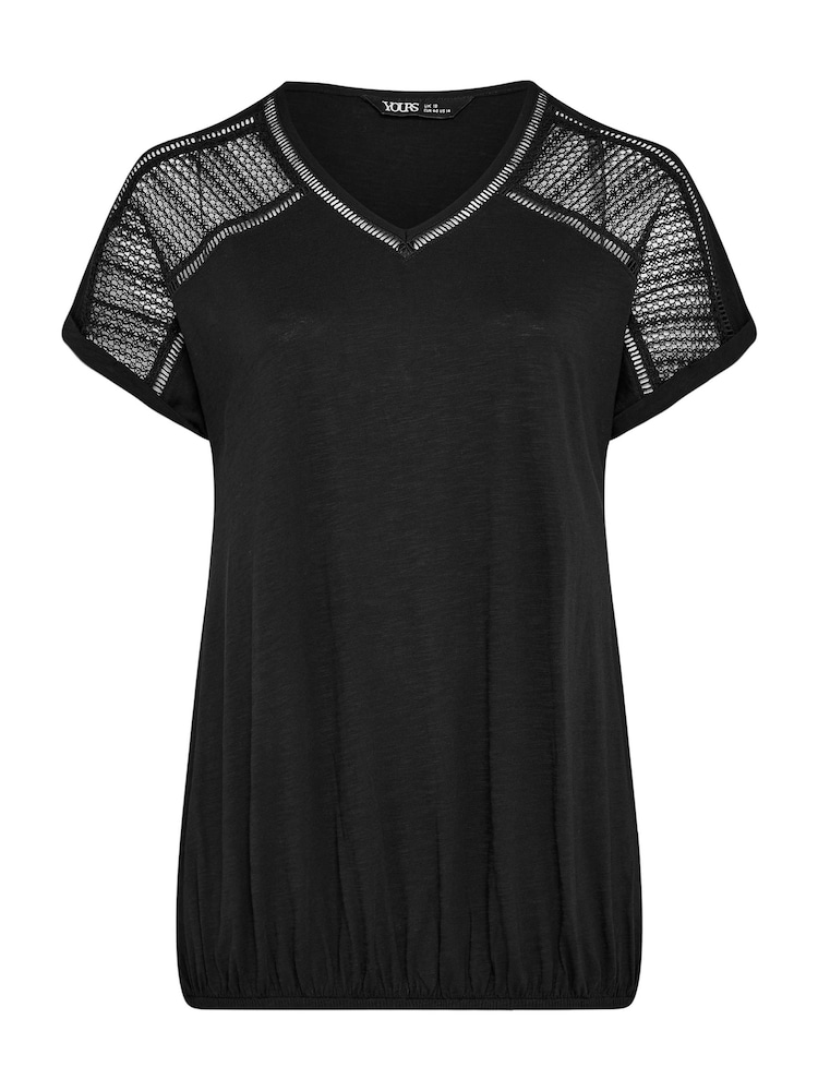 Yours Curve Black Grown On Sleeve Bubble Hem Crochet 100% Cotton Top - Image 5 of 5
