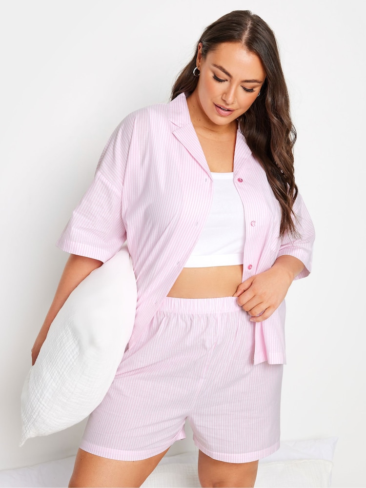 Yours Curve Pink Woven Stripe 100% Cotton Shorts - Image 1 of 5