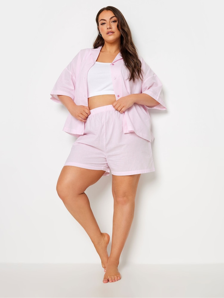 Yours Curve Pink Woven Stripe 100% Cotton Shorts - Image 2 of 5 Yours Curve Pink Woven Stripe 100% Cotton Shorts - Image 2 of 5