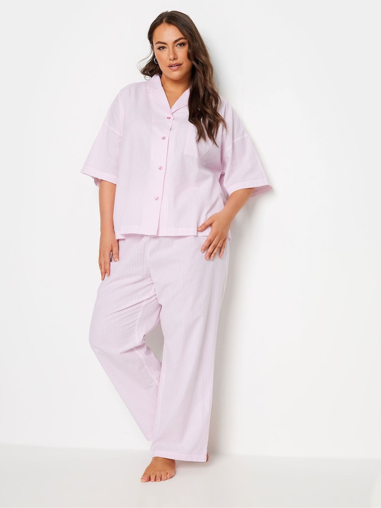 Yours Curve Pink Boyfriend Woven Stripe 100% Cotton Pyjama Shirt - Image 2 of 5