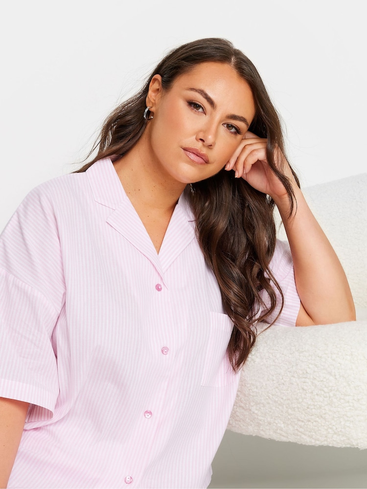 Yours Curve Pink Boyfriend Woven Stripe 100% Cotton Pyjama Shirt - Image 4 of 5