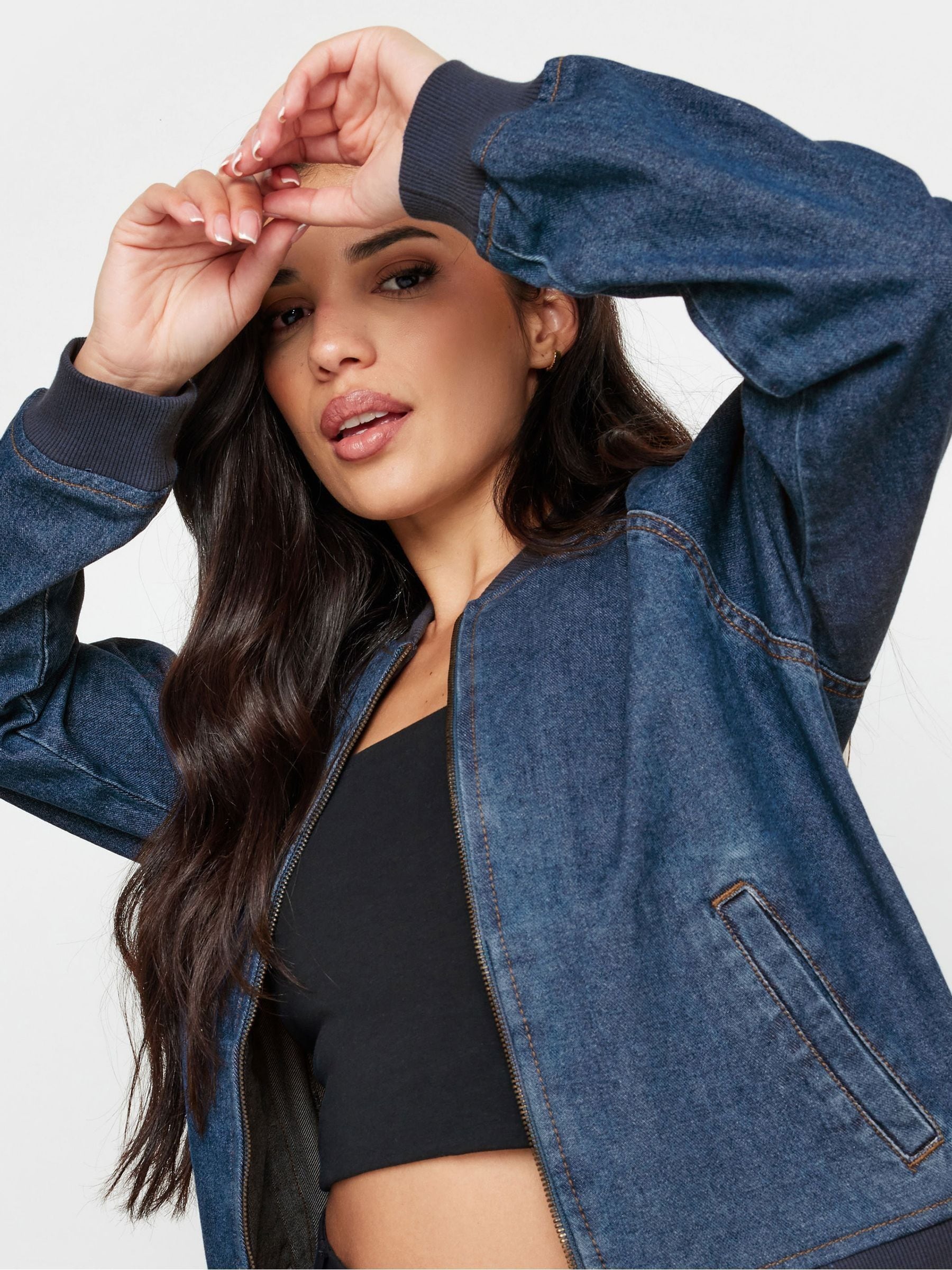 Buy PixieGirl Petite Blue 100% Cotton Denim Bomber Jacket from