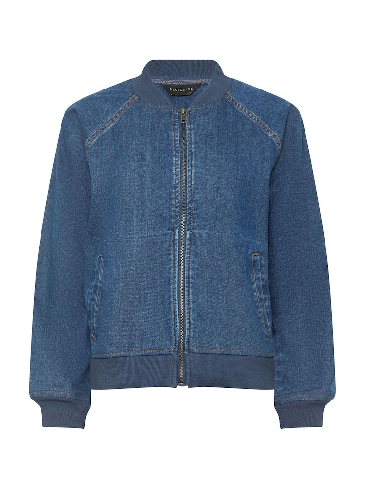 PixieGirl Petite Blue 100% Cotton Denim Bomber Jacket - Image 5 of 5