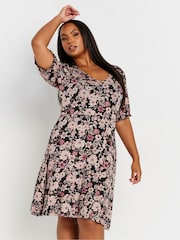 Yours Curve Black Puff Sleeve Day Dress - Image 1 of 5