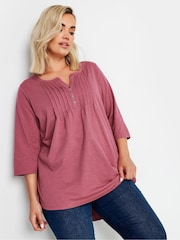 Yours Curve Pink Pintuck Button Henley 100% Cotton T-Shirt - Image 1 of 5